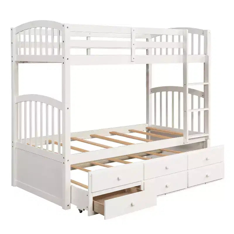 Twin over Twin Bunk Bed with Trundle, Wooden Bunk Bed with 3 Storage Drawers and Safety Rail, Can be Convertible to 2 Beds