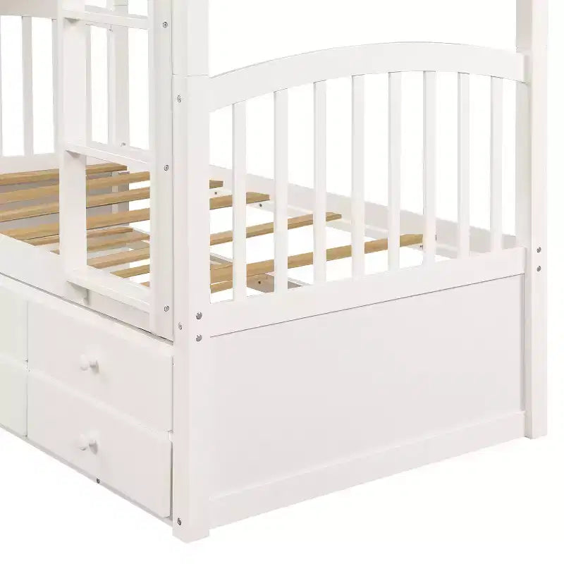 Twin over Twin Bunk Bed with Trundle, Wooden Bunk Bed with 3 Storage Drawers and Safety Rail, Can be Convertible to 2 Beds