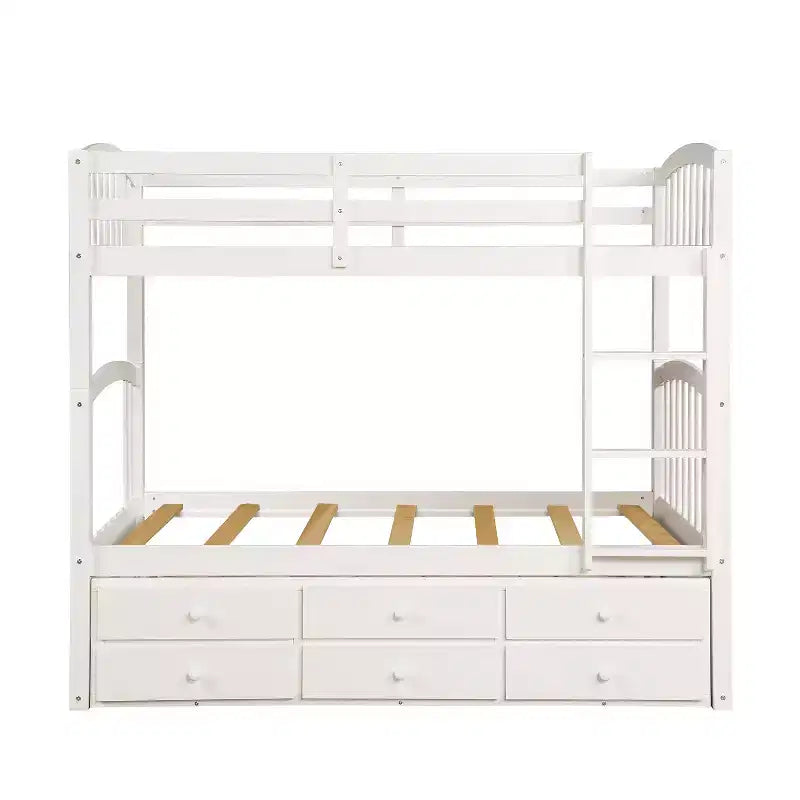 Twin over Twin Bunk Bed with Trundle, Wooden Bunk Bed with 3 Storage Drawers and Safety Rail, Can be Convertible to 2 Beds