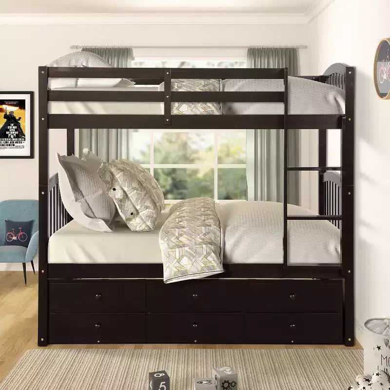 Twin over Twin Bunk Bed with Trundle, Wooden Bunk Bed with 3 Storage Drawers and Safety Rail, Can be Convertible to 2 Beds
