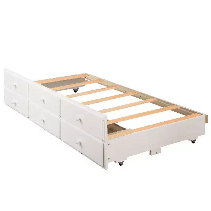 Twin over Twin Bunk Bed with Trundle, Wooden Bunk Bed with 3 Storage Drawers and Safety Rail, Can be Convertible to 2 Beds