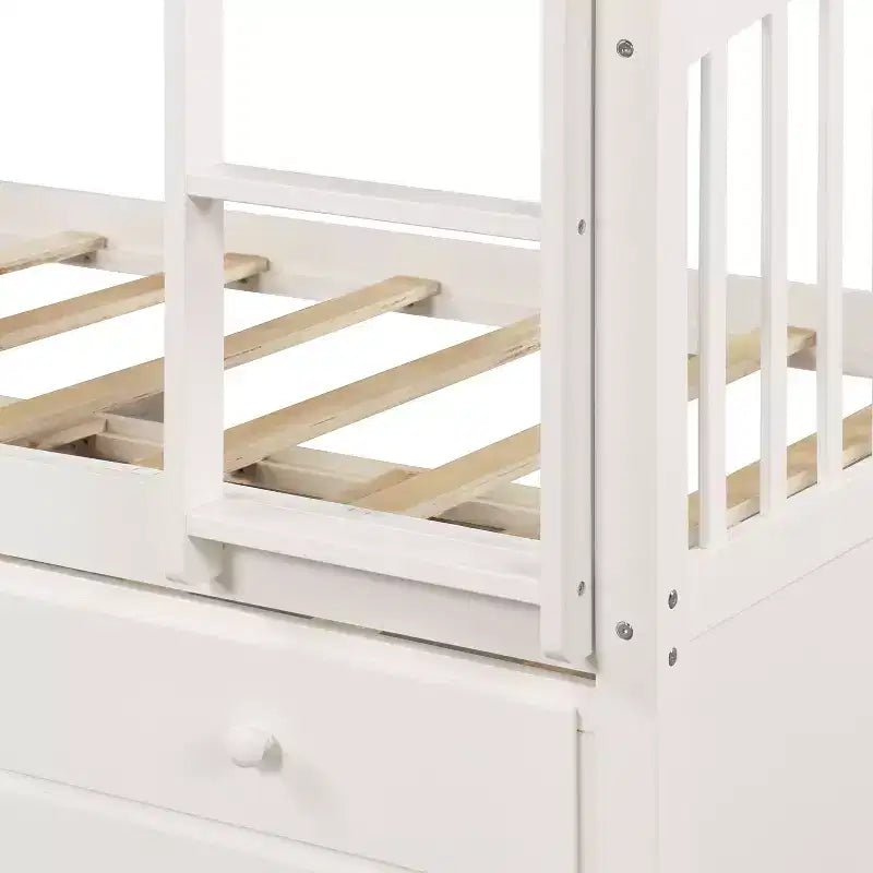 Twin over Twin Bunk Bed with Trundle, Wooden Bunk Bed with 3 Storage Drawers and Safety Rail, Can be Convertible to 2 Beds