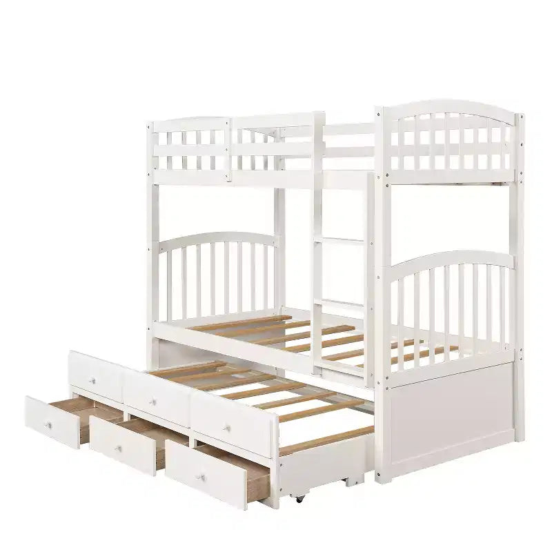 Twin over Twin Bunk Bed with Trundle, Wooden Bunk Bed with 3 Storage Drawers and Safety Rail, Can be Convertible to 2 Beds