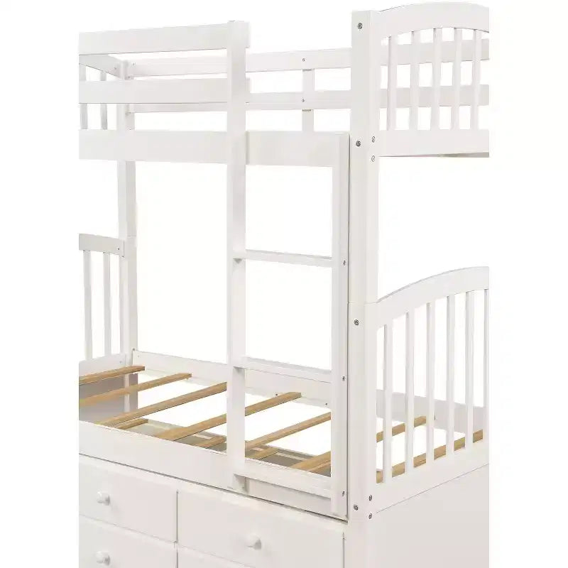 Twin over Twin Bunk Bed with Trundle, Wooden Bunk Bed with 3 Storage Drawers and Safety Rail, Can be Convertible to 2 Beds
