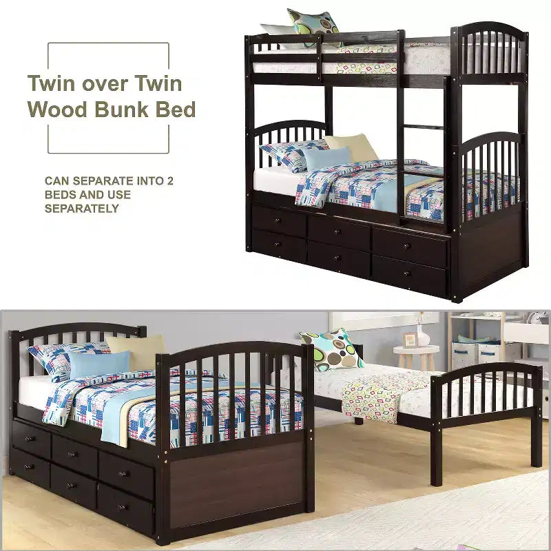 Twin over Twin Bunk Bed with Trundle, Wooden Bunk Bed with 3 Storage Drawers and Safety Rail, Can be Convertible to 2 Beds