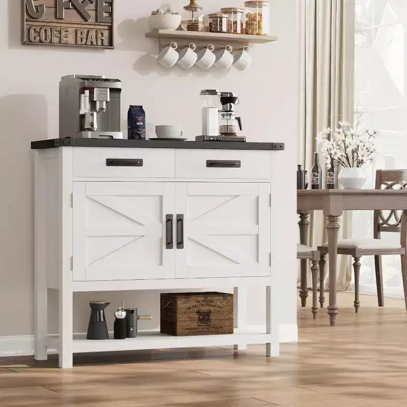 Farmhouse Style Console Table with Storage, 2-Door Cabinet & 2 Drawers, Multi-Functional Buffet Table for Entryway, Kitchen, Living Room