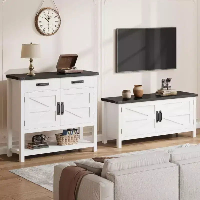 Farmhouse Style Console Table with Storage, 2-Door Cabinet & 2 Drawers, Multi-Functional Buffet Table for Entryway, Kitchen, Living Room