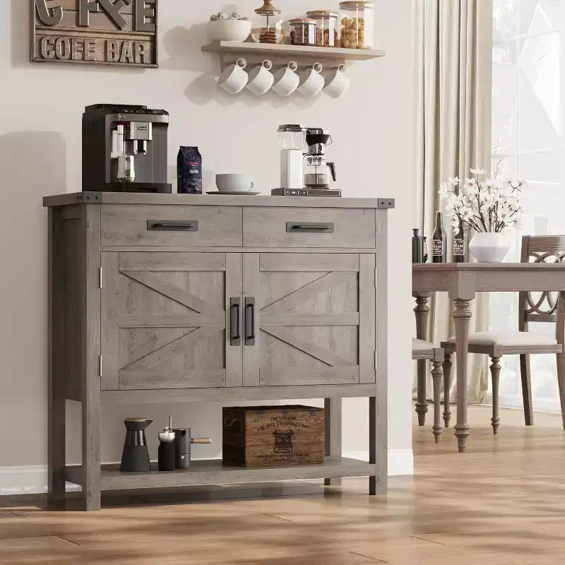 Farmhouse Style Console Table with Storage, 2-Door Cabinet & 2 Drawers, Multi-Functional Buffet Table for Entryway, Kitchen, Living Room