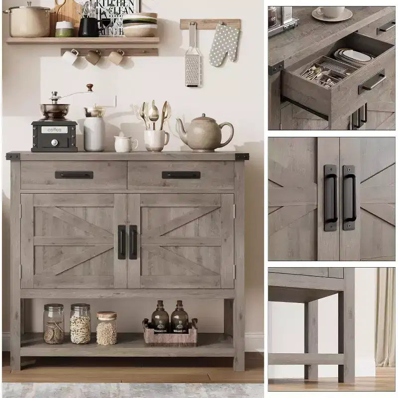 Farmhouse Style Console Table with Storage, 2-Door Cabinet & 2 Drawers, Multi-Functional Buffet Table for Entryway, Kitchen, Living Room