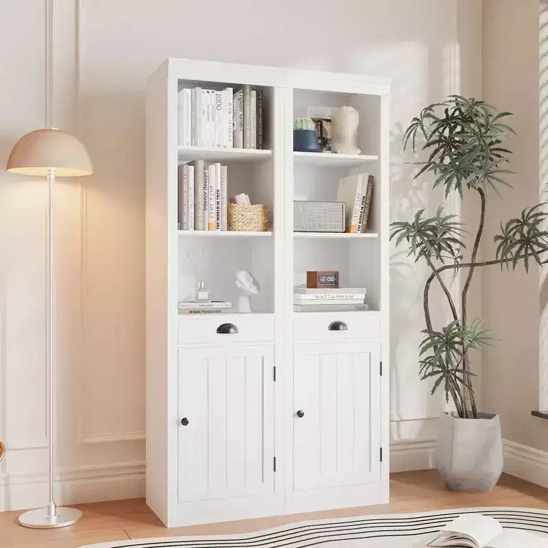 71 Tall Bookcase with Cabinet, 3 Tier Wood Open Bookcase with Adjustable Shelves, Large Display Storage Shelf, Standing Shelving Unit for Home
