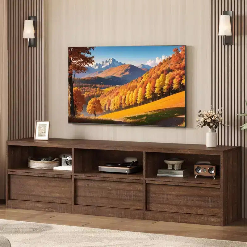 70 inch TV Stand for 80 TVs, Mid Century Modern Entertainment Center with Storage Drawer & Open Shelves, Wood Media Console Cabinet for Living Room