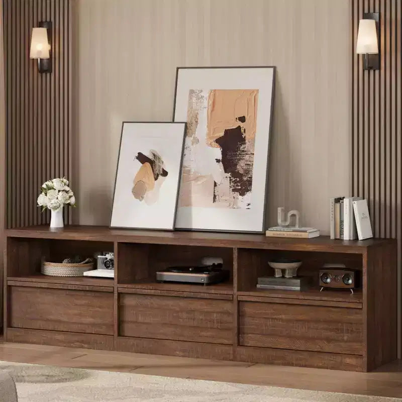 70 inch TV Stand for 80 TVs, Mid Century Modern Entertainment Center with Storage Drawer & Open Shelves, Wood Media Console Cabinet for Living Room
