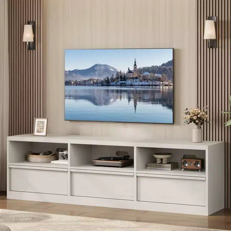 70 inch TV Stand for 80 TVs, Mid Century Modern Entertainment Center with Storage Drawer & Open Shelves, Wood Media Console Cabinet for Living Room