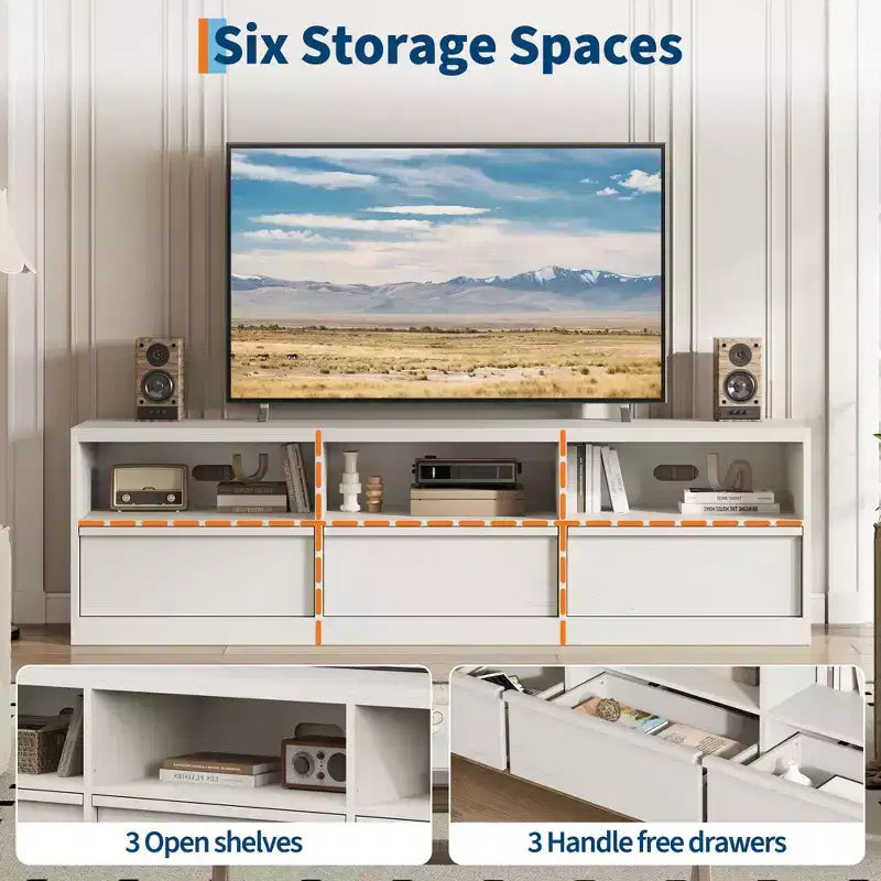 70 inch TV Stand for 80 TVs, Mid Century Modern Entertainment Center with Storage Drawer & Open Shelves, Wood Media Console Cabinet for Living Room