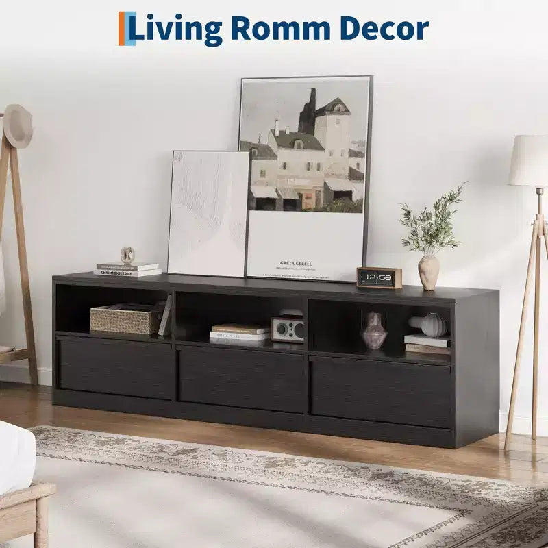 70 inch TV Stand for 80 TVs, Mid Century Modern Entertainment Center with Storage Drawer & Open Shelves, Wood Media Console Cabinet for Living Room