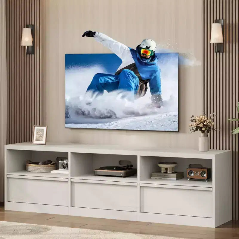70 inch TV Stand for 80 TVs, Mid Century Modern Entertainment Center with Storage Drawer & Open Shelves, Wood Media Console Cabinet for Living Room