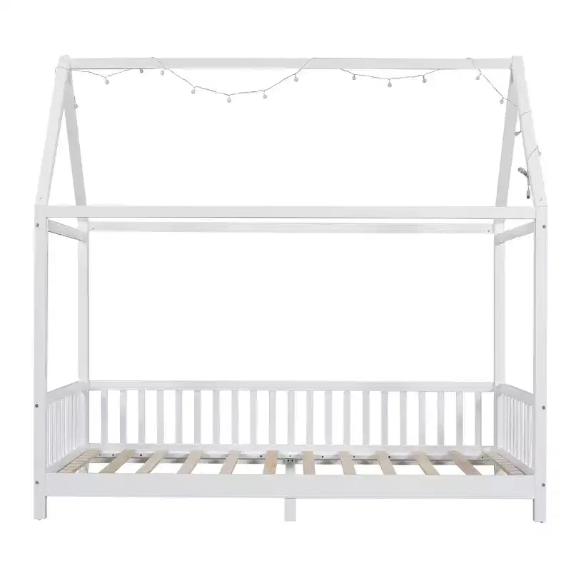 Bellemave LED Twin Size House Bed ,Montessori Floor Bed ,Wooden Bed Frame with Slats and Fence, for Girls,Boys,White