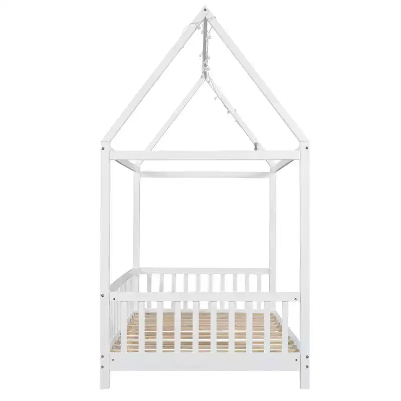 Bellemave LED Twin Size House Bed ,Montessori Floor Bed ,Wooden Bed Frame with Slats and Fence, for Girls,Boys,White