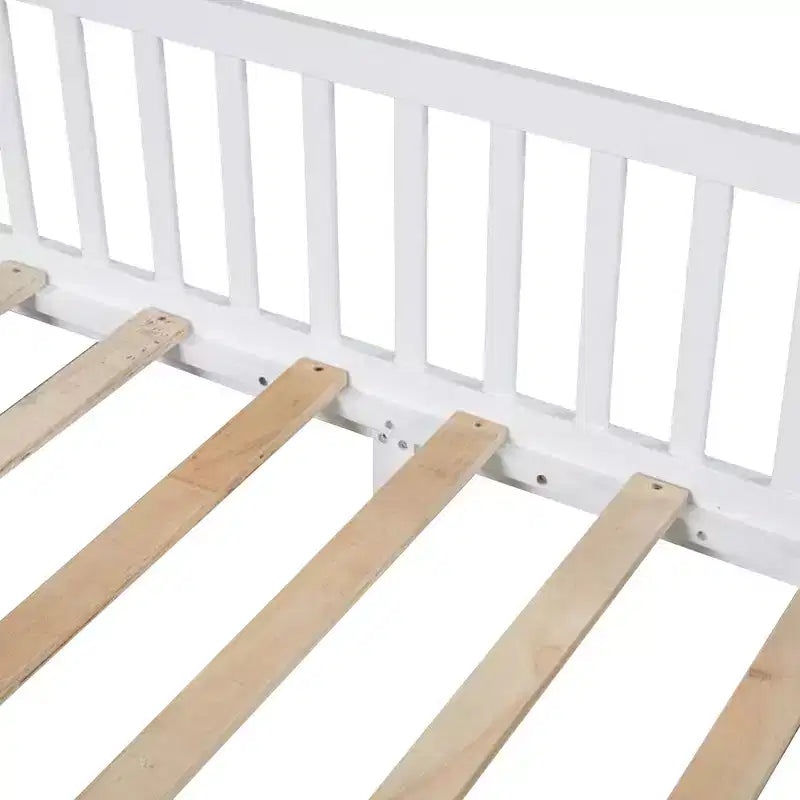 Bellemave LED Twin Size House Bed ,Montessori Floor Bed ,Wooden Bed Frame with Slats and Fence, for Girls,Boys,White