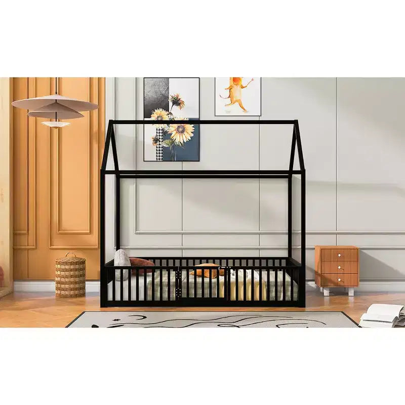 Bellemave Twin Floor Bed with Door and Fence, Bed Twin Size with Roof/House Floor Bed for Kids, Girls, Boys, Black