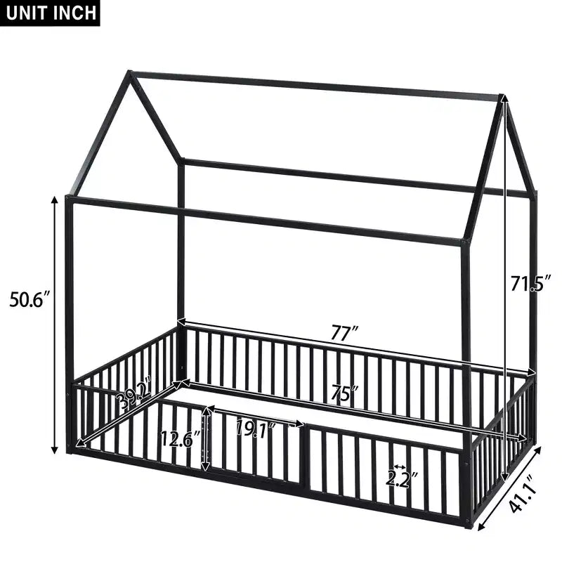 Bellemave Twin Floor Bed with Door and Fence, Bed Twin Size with Roof/House Floor Bed for Kids, Girls, Boys, Black