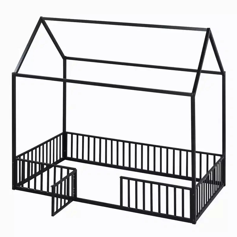 Bellemave Twin Floor Bed with Door and Fence, Bed Twin Size with Roof/House Floor Bed for Kids, Girls, Boys, Black