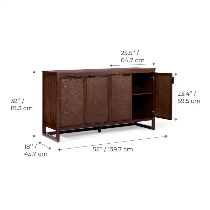 Hatteras Modern Boho 4-Door Sideboard with Solid Wood & Natural Rattan Accents-Teamson Home