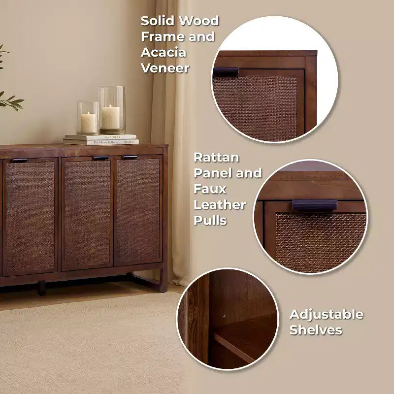 Hatteras Modern Boho 4-Door Sideboard with Solid Wood & Natural Rattan Accents-Teamson Home