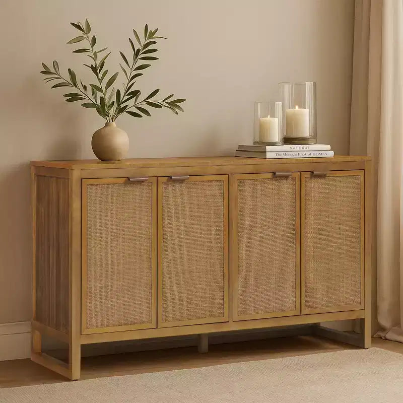 Hatteras Modern Boho 4-Door Sideboard with Solid Wood & Natural Rattan Accents-Teamson Home