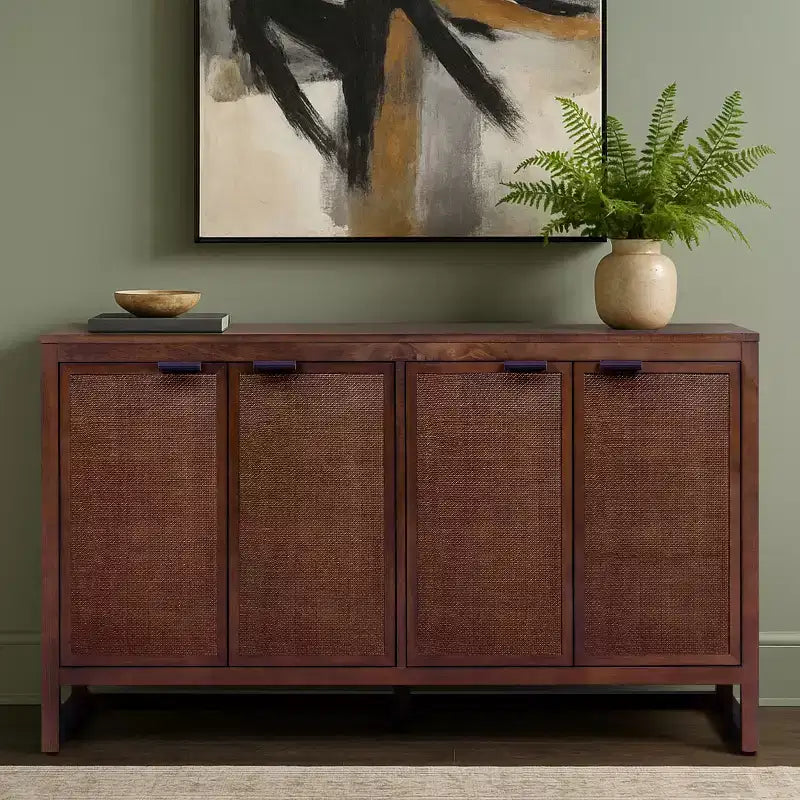 Hatteras Modern Boho 4-Door Sideboard with Solid Wood & Natural Rattan Accents-Teamson Home