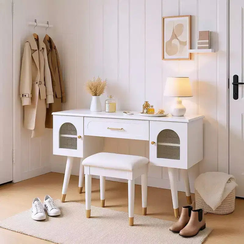 Homy Casa Vanity Table with Stool and Storage Cabinets for Bedroom or Dressing Room, White