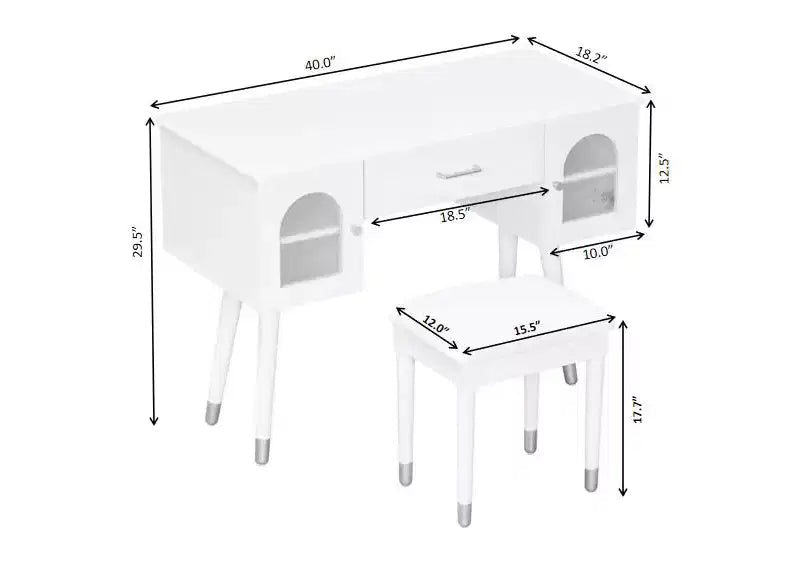 Homy Casa Vanity Table with Stool and Storage Cabinets for Bedroom or Dressing Room, White