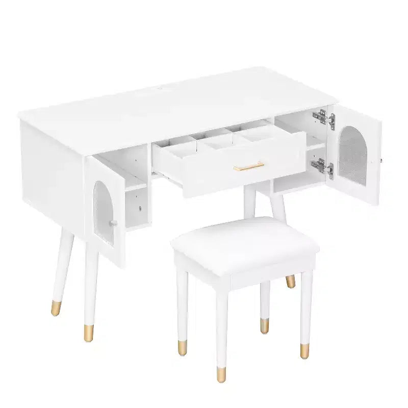 Homy Casa Vanity Table with Stool and Storage Cabinets for Bedroom or Dressing Room, White