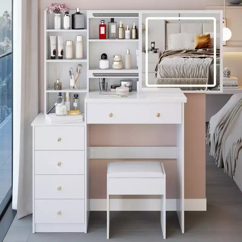 Vanity Table Set 40 Large Size Left Bedside Cabinet Vanity Table+Cushioned Stool Dresser Set
