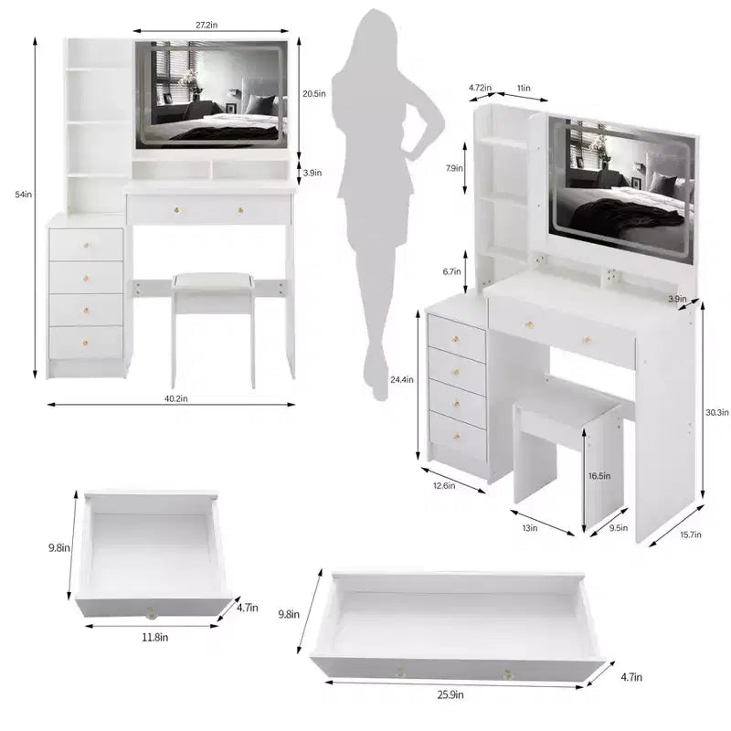 Vanity Table Set 40 Large Size Left Bedside Cabinet Vanity Table+Cushioned Stool Dresser Set