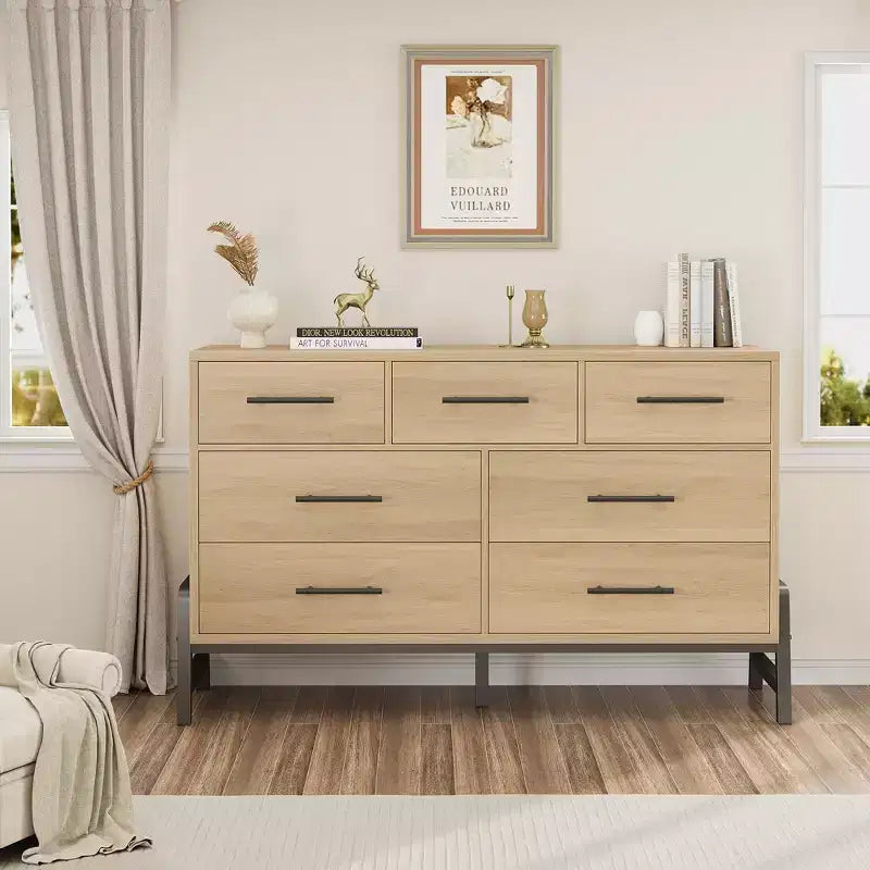 CuisinSmart 52 Wide 7-Drawer Dresser for Bedroom - Natural Oak Storage Chest, Freestanding Closet Organizer for Living Room, Entryway