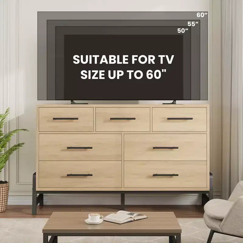 CuisinSmart 52 Wide 7-Drawer Dresser for Bedroom - Natural Oak Storage Chest, Freestanding Closet Organizer for Living Room, Entryway