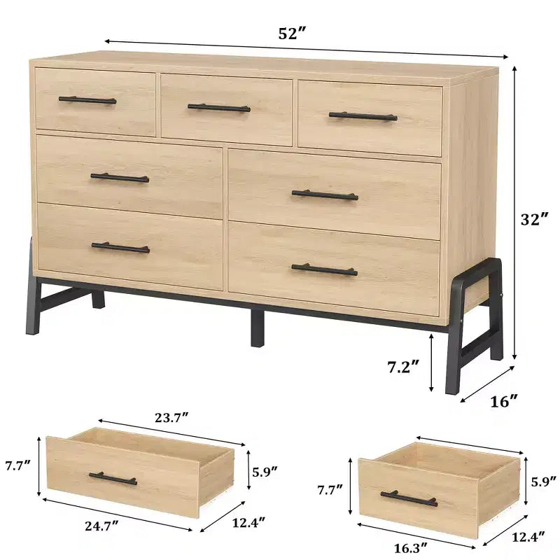 CuisinSmart 52 Wide 7-Drawer Dresser for Bedroom - Natural Oak Storage Chest, Freestanding Closet Organizer for Living Room, Entryway