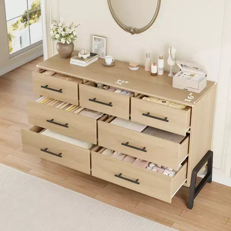 CuisinSmart 52 Wide 7-Drawer Dresser for Bedroom - Natural Oak Storage Chest, Freestanding Closet Organizer for Living Room, Entryway