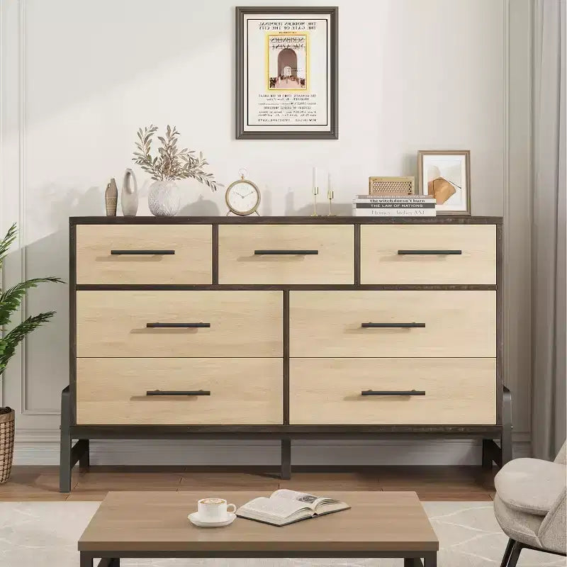 CuisinSmart 52 Wide 7-Drawer Dresser for Bedroom - Natural Oak Storage Chest, Freestanding Closet Organizer for Living Room, Entryway