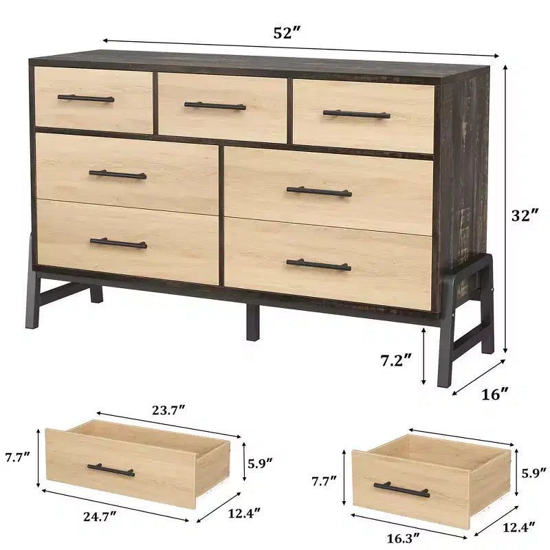 CuisinSmart 52 Wide 7-Drawer Dresser for Bedroom - Natural Oak Storage Chest, Freestanding Closet Organizer for Living Room, Entryway