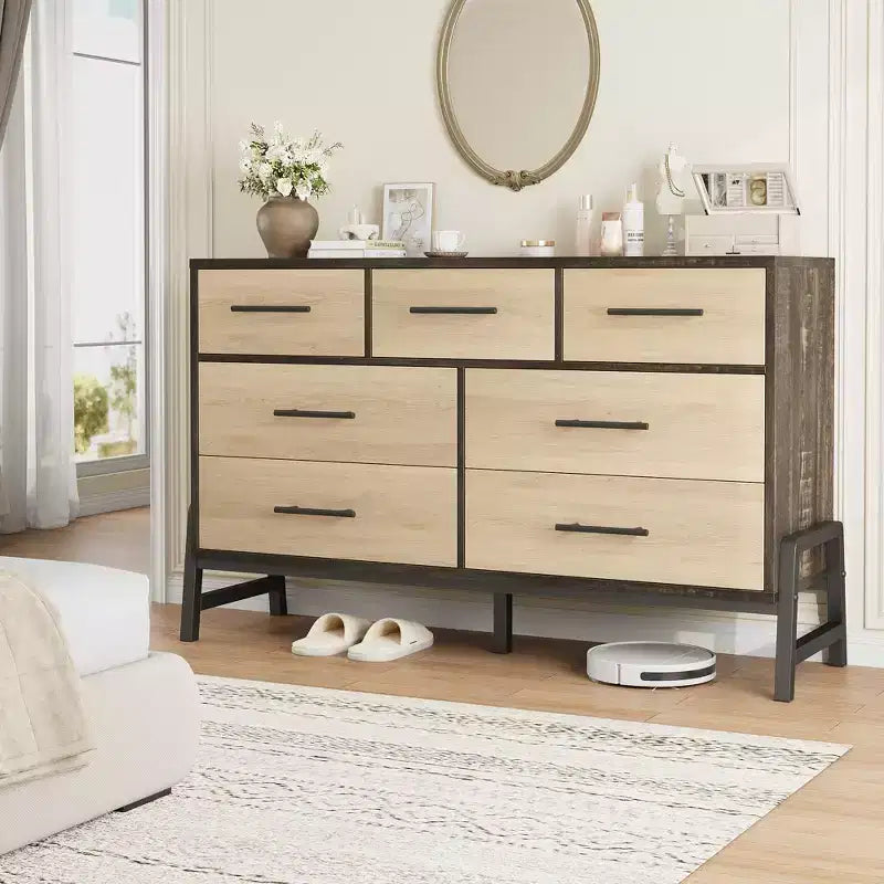 CuisinSmart 52 Wide 7-Drawer Dresser for Bedroom - Natural Oak Storage Chest, Freestanding Closet Organizer for Living Room, Entryway