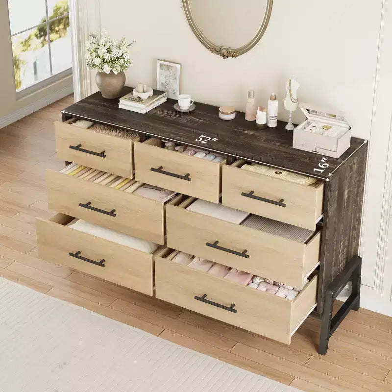 CuisinSmart 52 Wide 7-Drawer Dresser for Bedroom - Natural Oak Storage Chest, Freestanding Closet Organizer for Living Room, Entryway