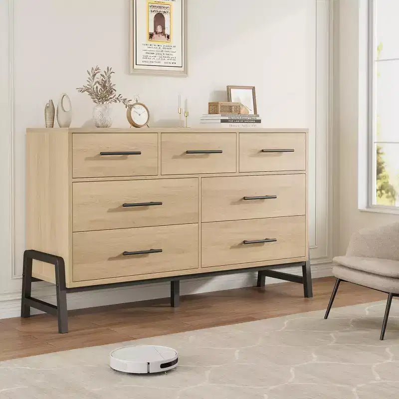 CuisinSmart 52 Wide 7-Drawer Dresser for Bedroom - Natural Oak Storage Chest, Freestanding Closet Organizer for Living Room, Entryway