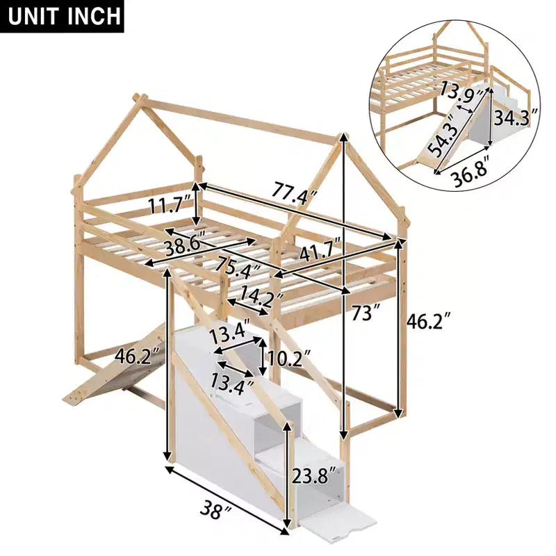 Bellemave Twin over Twin House Loft or Bunk Bed with Slide and Staircase, Natural