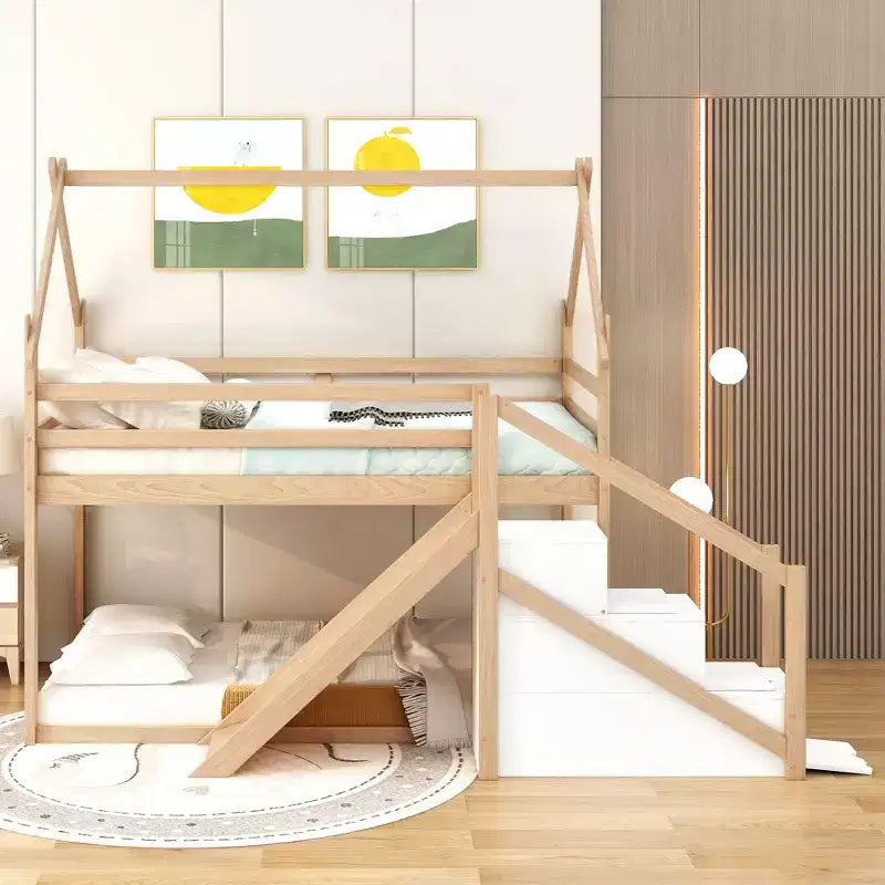 Bellemave Twin over Twin House Loft or Bunk Bed with Slide and Staircase, Natural