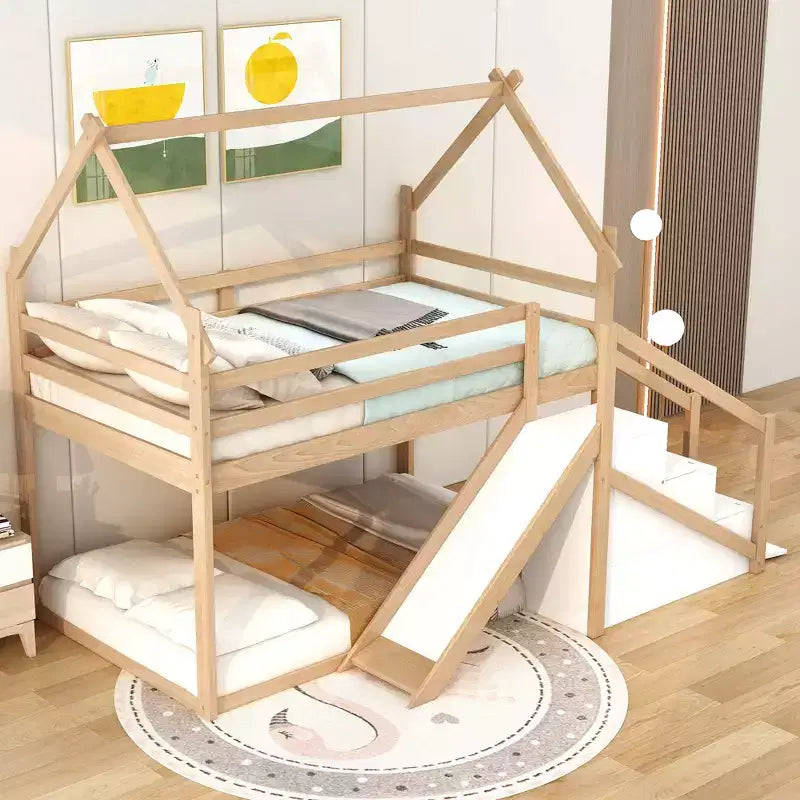 Bellemave Twin over Twin House Loft or Bunk Bed with Slide and Staircase, Natural
