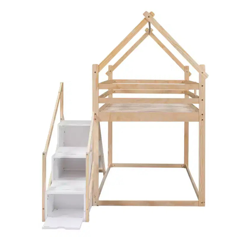Bellemave Twin over Twin House Loft or Bunk Bed with Slide and Staircase, Natural