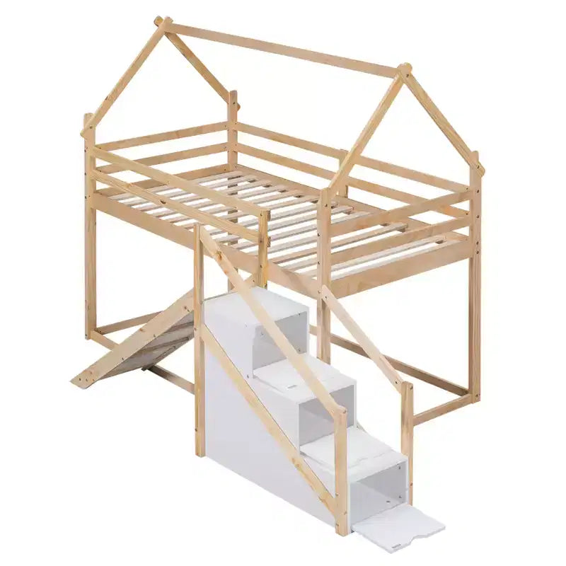 Bellemave Twin over Twin House Loft or Bunk Bed with Slide and Staircase, Natural