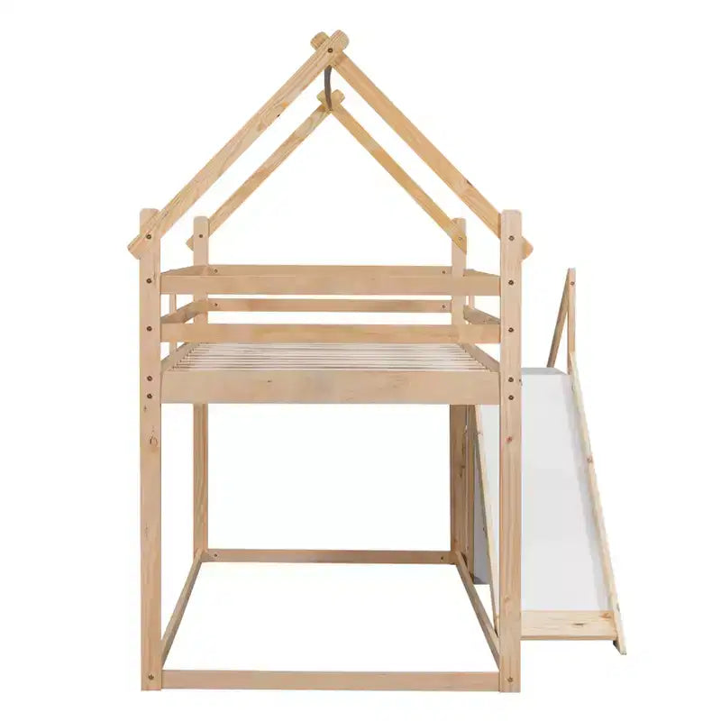 Bellemave Twin over Twin House Loft or Bunk Bed with Slide and Staircase, Natural